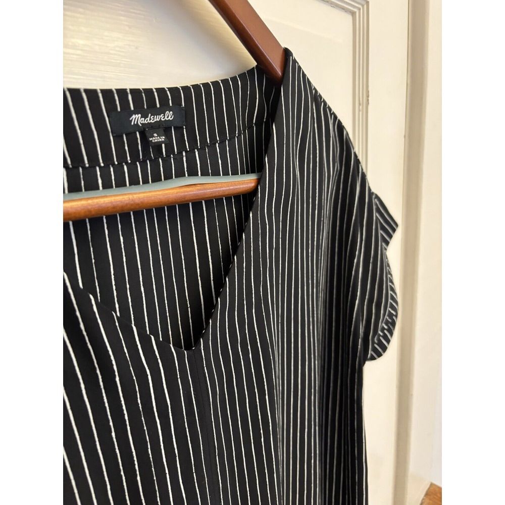 Madewell Novel Shift Dress in Chalkboard Stripe V-Neck Black‎ White Size Small - Picture 4 of 8